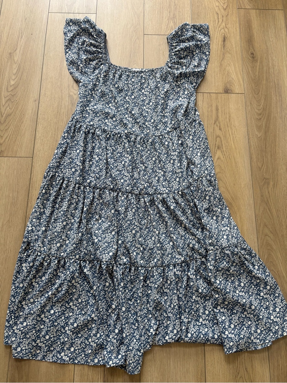 Carly Jean Los Angeles Blue Floral Midi Dress with Ruffle Sleeves